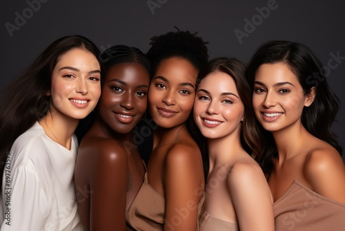 diverse, international beautiful young women. on a plain background. darkskinned, white
