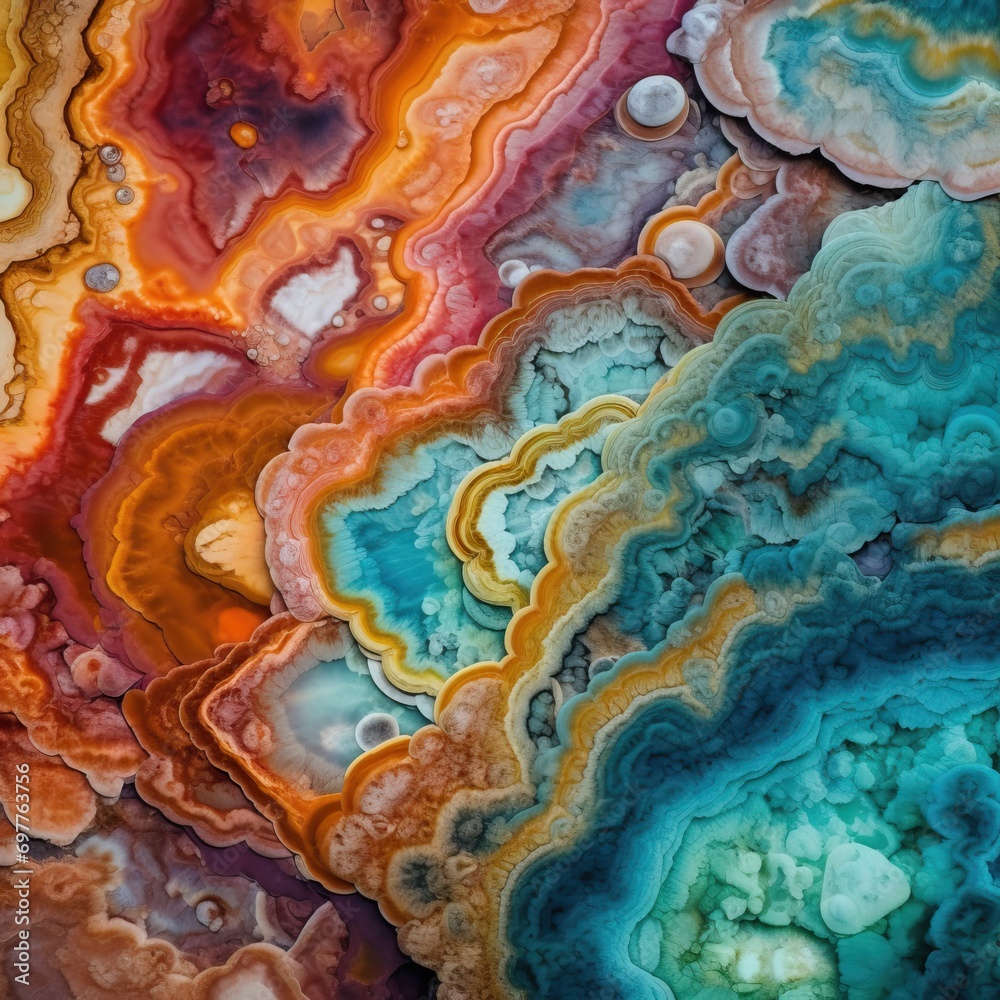 This photograph showcases the vivid colors and unique patterns of a mineral deposit found in Yellowstone. The intricate layers and vibrant hues offer a glimpse into the geological wonders that exist w This photograph showcases the vivid colors and unique patterns of a mineral deposit found in Yellowstone. The intricate layers and vibrant hues offer a glimpse into the geological wonders that exist w