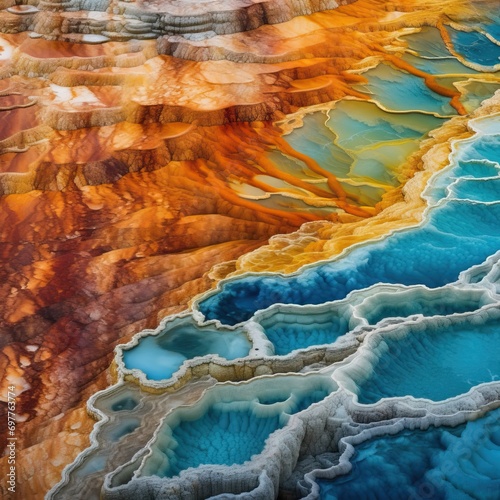 This photograph showcases the vivid colors and unique patterns of a mineral deposit found in Yellowstone. The intricate layers and vibrant hues offer a glimpse into the geological wonders that exist w