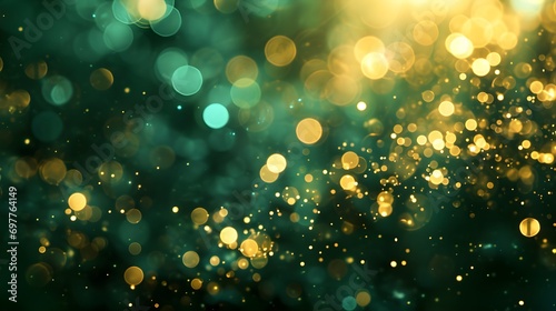 Golden Bokeh on Emerald Green Abstract Background