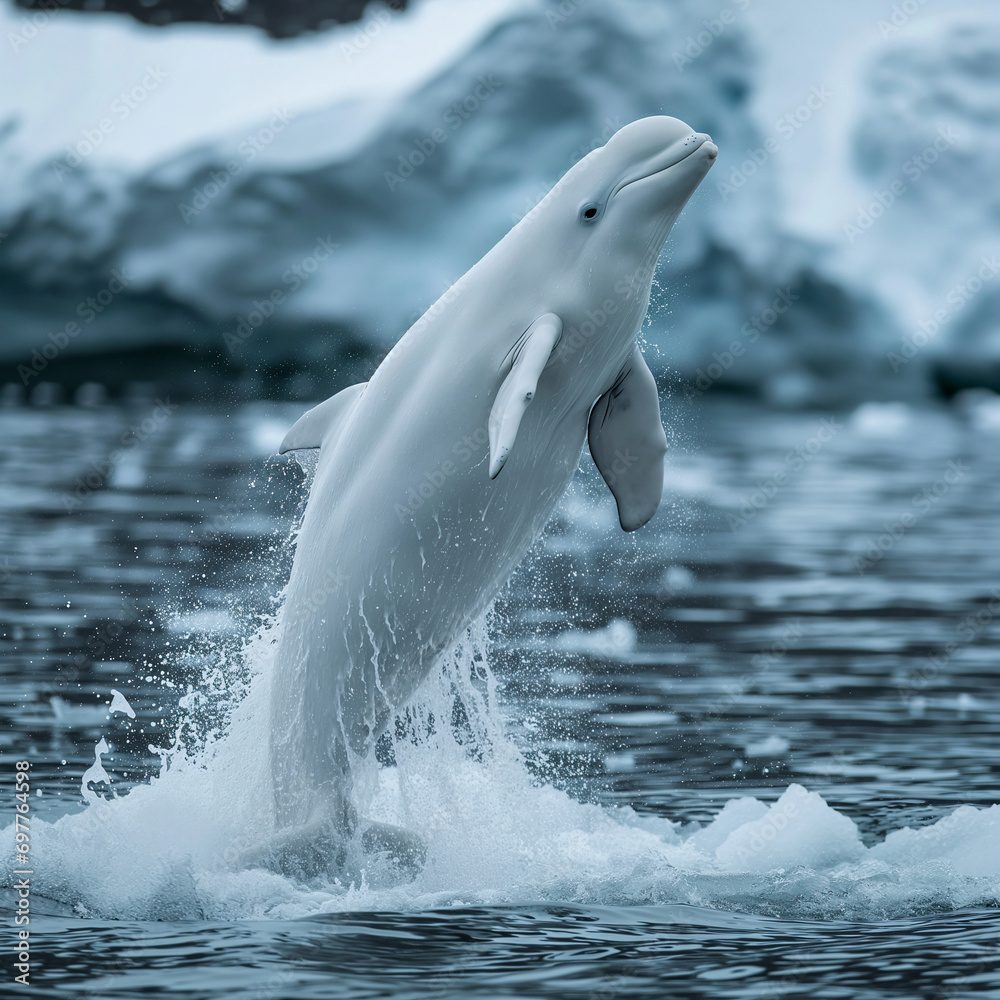 Naklejka premium Beluga Whale Breaching Icy Waters 