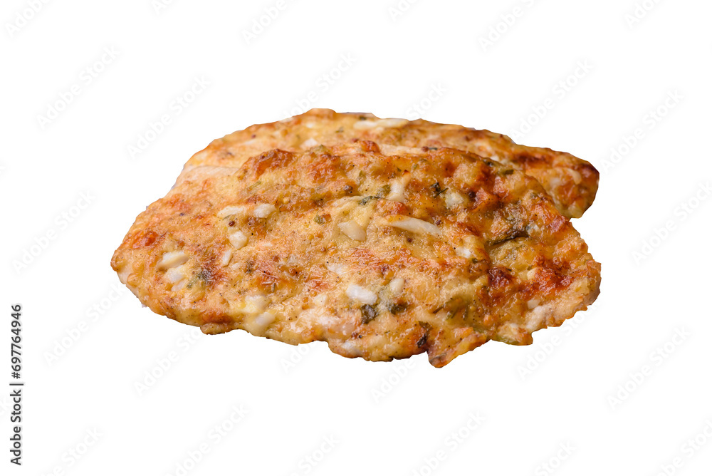 Delicious fried chicken breast in batter with mustard, salt, spices and cheese Delicious fried chicken breast in batter with mustard, salt, spices and cheese