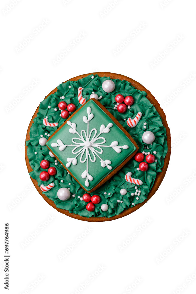 Delicious fresh sweet Christmas gingerbread with festive ornaments