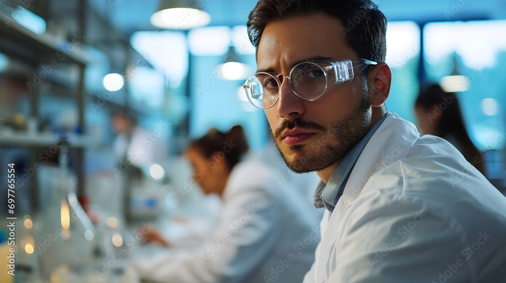Young Male Scientist in Modern Lab with Team Young Male Scientist in Modern Lab with Team