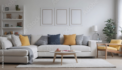 A family-friendly living room with toys, a Blank white Frame mock-up, a play area, and a comfortable sectional sofa