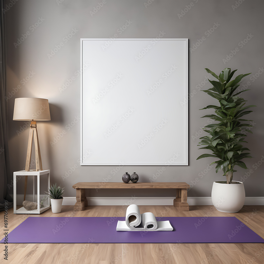a fitness-inspired living room with yoga mats, exercise equipment, and a Blank white Frame mock-up 