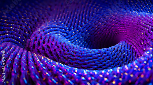 close-up of a woven, textured surface that spirals inward, with shades of blue and purple and sparkling points resembling stars © weerasak
