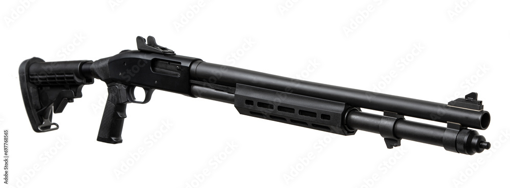 Pump-action 12 gauge shotgun isolated on a white background. Additional handle. A smooth-bore weapon with a plastc stock.