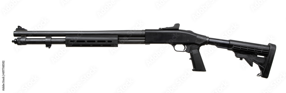 Pump-action 12 gauge shotgun isolated on a white background. Additional handle. A smooth-bore weapon with a plastc stock.