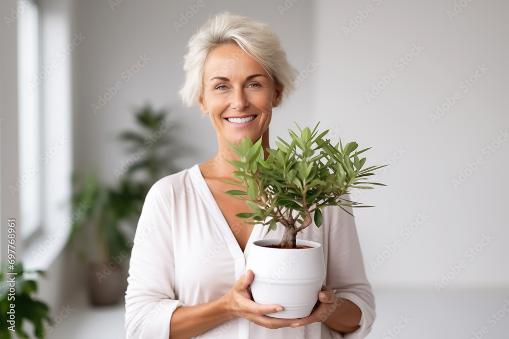 Mature woman taking care about houseplant and holding pot of houseplant. Home gardening, Plant care Mature woman taking care about houseplant and holding pot of houseplant. Home gardening, Plant care