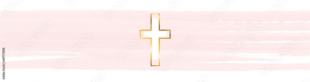banner crosses illustration Isolated on transparent background, textured background, golden cross on peach background, vector pink Watercolor splash Easter cross clipart.