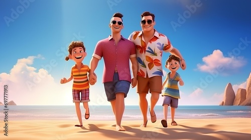 Familia de pareja gay con sus hijos, disfrutando de la pLaya como familia en 3D