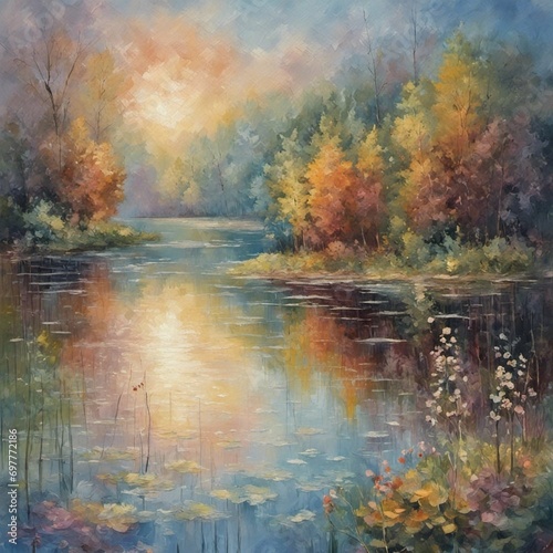 painting of autumn landscape with lake, impressionism, contemporary art, stylized, detailed