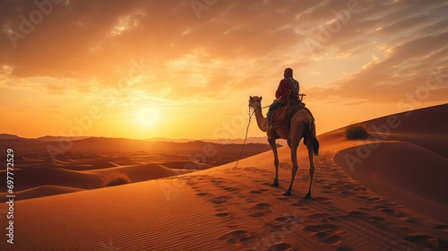 Man riding a camel in the desert watching the sunset, AI generated Image photo