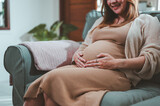 mother, woman, family, pregnant, pregnancy, baby, together, parenthood, maternity, motherhood. image of a pregnant woman embrace, her belly with two hands and her sit on sofa wait for maternity day.