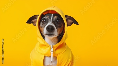 A happy and adorable dog wearing a raincoat to protect himself from the rain