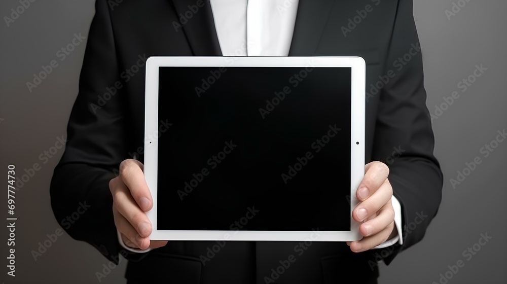 Person holding a tablet with black screen copy space Person holding a tablet with black screen copy space