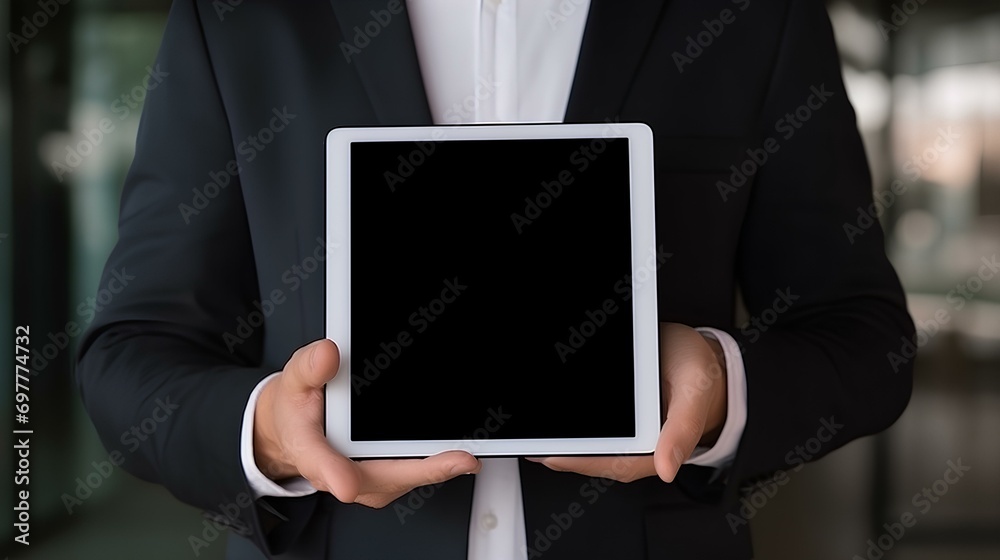 Person holding a tablet with black screen copy space Person holding a tablet with black screen copy space