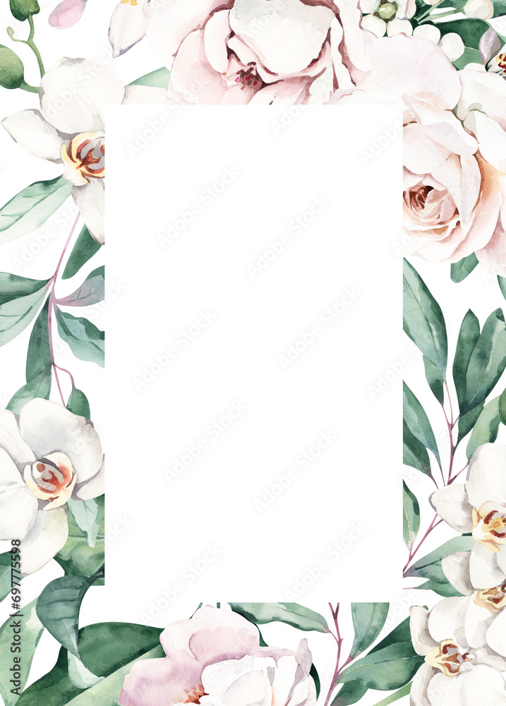 Fototapeta premium Watercolor Frame with Orchid, Leaves and Roses