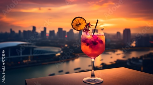 A champagne cocktail with a slice of orange and a view of Singapore