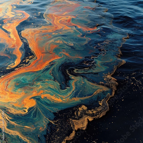 Oil spill affecting marine life, oil and petrol mixing in swirling patterns with seawater