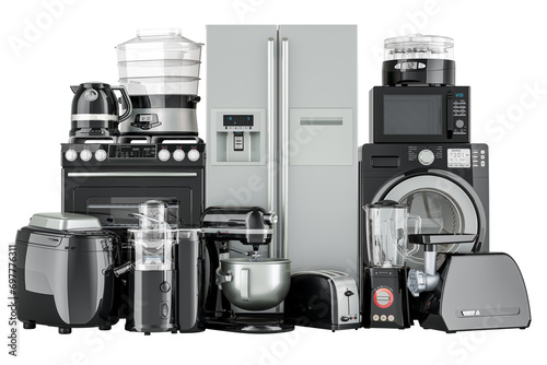 Set of kitchen appliances, silver and black colors. 3D rendering isolated on transparent background