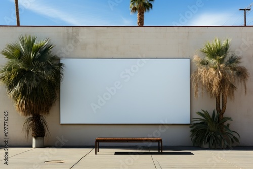 Large horizontal blank advertising poster billboard banner mockup in front of building in urban city.