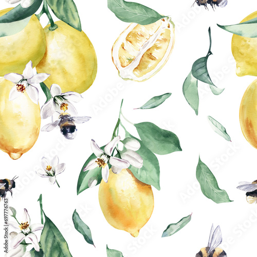 Watercolor Seamless Pattern Background with Elegant Lemon, White Flowers and Bumblebees