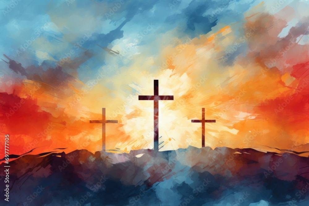Watercolor drawing with a cross, a symbol of the Christian faith. Background with selective focus and copy space - obrazy, fototapety, plakaty 