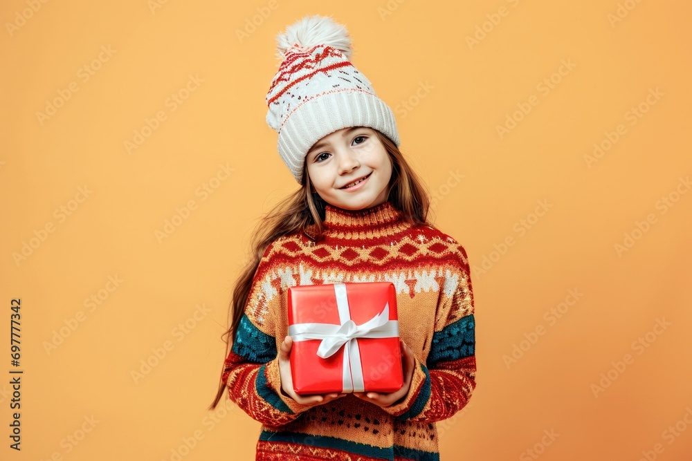 cute happy young girl in sweater and hat holding a gift box on orange background