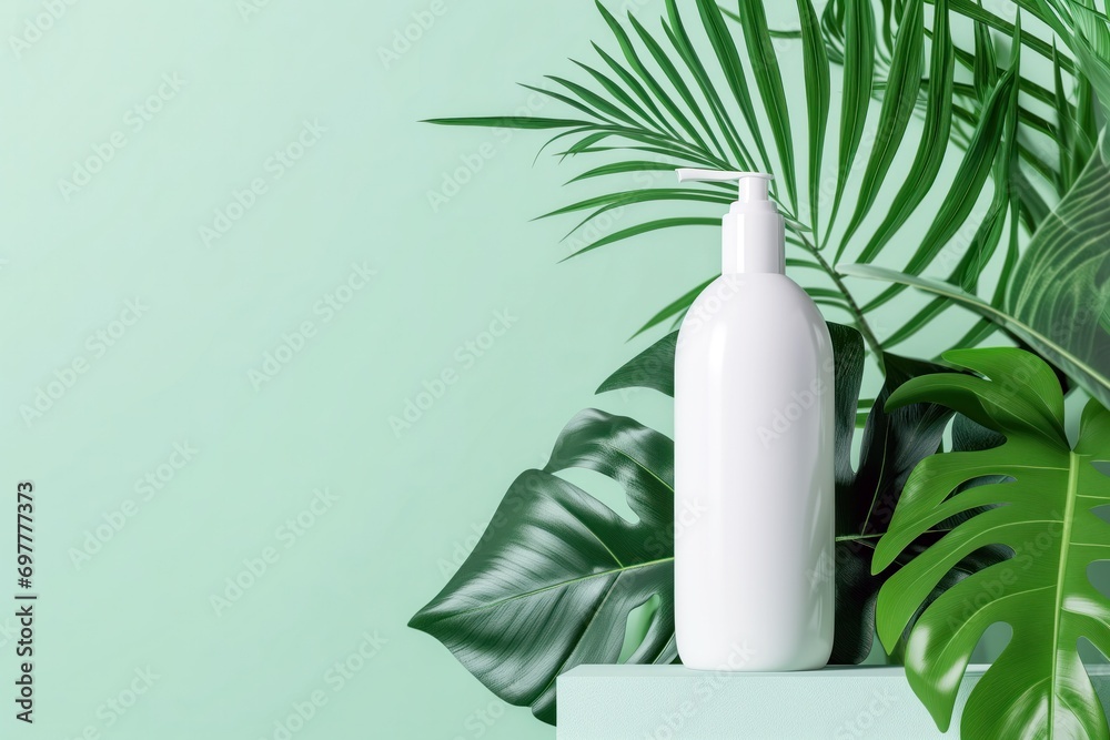 plastic white blank tall shampoo bottle with a dispenser with tropical leaves on the green background with copy space, template mockup for cosmetic packaging, product advertising concept  - obrazy, fototapety, plakaty 