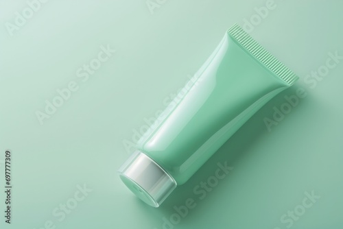 a green cream or gel tube template mockup for cosmetic packaging with copy space for text or design on light green background