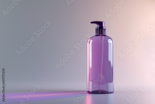 plastic transparent purple empty blank tall shampoo bottle with a dispenser with copy space, template mockup for cosmetic packaging, product advertising concept 