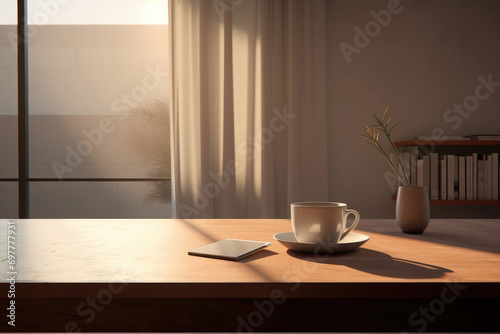 A table by the window. A cup of coffee is on the table