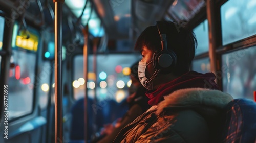 a person wearing headphones and a mask