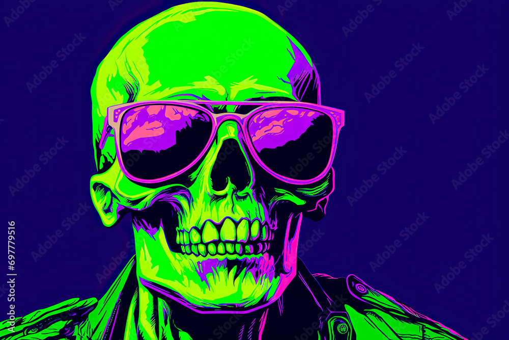 A glowing head of a skeleton wearing sunglasses. Generative AI A glowing head of a skeleton wearing sunglasses. Generative AI