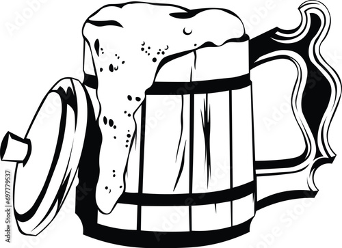 Cartoon Black and White Isolated Illustration Vector Of A Pint of Beer In A Wooden Mug