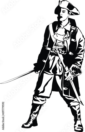 Cartoon Black and White Isolated Illustration Vector Of A Pirate Holding A Sword