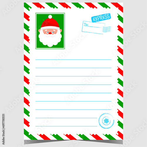 Christmas letter template with cartoon Santa character portrait and North Pole stamp. Vector design of Christmas letter for kids to write a message to Santa during winter holidays.