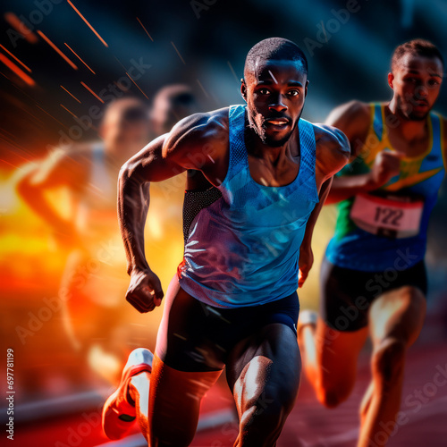 Professional black marathon athlete with taut muscles running fast in a stadium surrounded by other athletes on a blurred background. The will to win. Motivation and success. Overcoming yourself