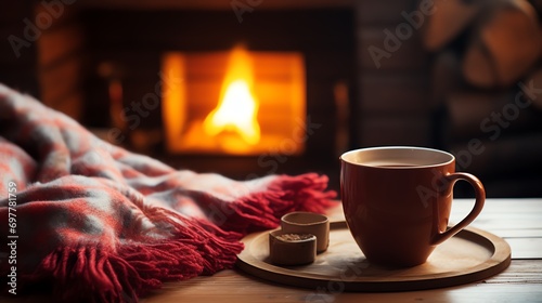 a cup of tea and a blanket on a table
