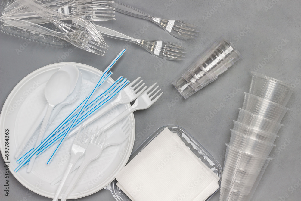 Disposable white plastic tableware. Plate, spoons, forks, straws for drinks.