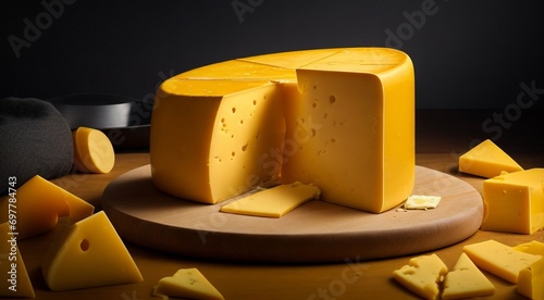 delicious cheese on background, yellow cheese on the table, cuted cheese on cool background, sliced cheese on table