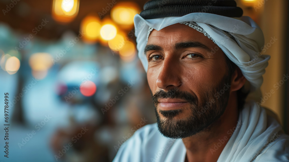 Confidence Arab businessman wearing Kandura in downtown city Confidence Arab businessman wearing Kandura in downtown city