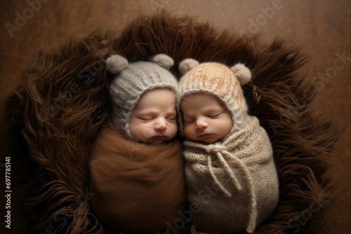 studio-shot of newborn identical ( similar) twin girls sleeping on a sofa.