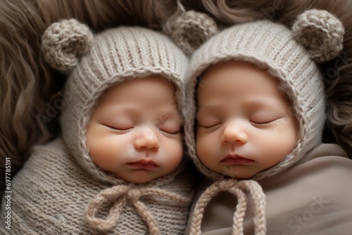 studio-shot of newborn identical ( similar) twin girls sleeping on a sofa.