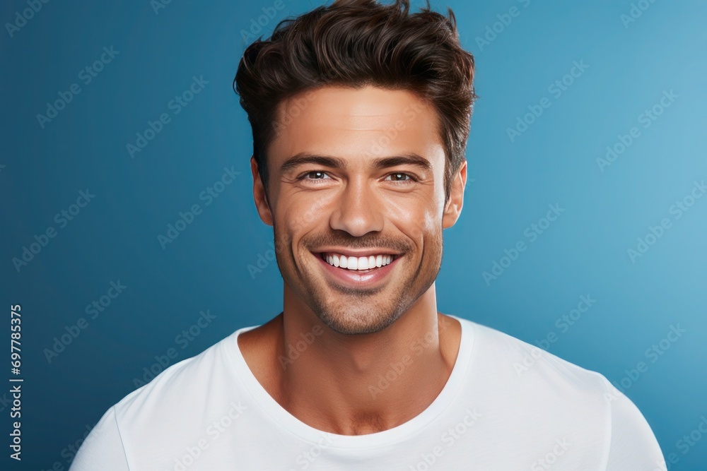 Handsome tanned cheerful young man in a white T-shirt on blue background