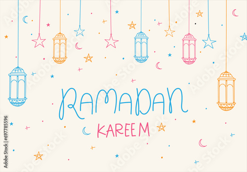 Ramadan Kareem poster design with lantern lamp monoline vector illustration for islam fasting festival event
