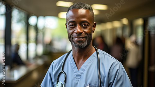 Portrait of proud male doctor with stethoscope around neck at hospital