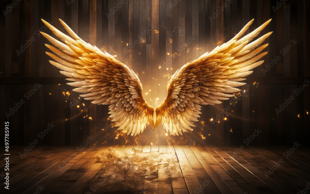 Majestic golden angel wings spread wide open in a wooden room with ethereal light and sparkling dust, symbolizing freedom, spirituality, and guidance - obrazy, fototapety, plakaty 